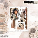 A styled flat-lay product presentation of a mini addiction planner sticker sheet themed with Death by TBR. The sheet features a retro illustration of a woman with dark hair, vintage floral elements, a brown patterned spiral, and a torn paper accent.