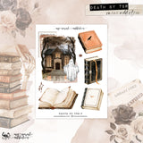 A styled flat-lay graphic featuring a central  art print with watercolor illustrations of a haunted house, a ghost, open books, a journal, and a library card. The print is surrounded by decorative illustrations including stacked books, roses, and a card reading 'DEATH BY TBR mini addition'.