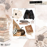 A styled flat-lay mockup of a mini art print sheet titled 'DEATH BY TBR mini addition'. The central white print features watercolor illustrations of a black button-up sweater, a checkered pumpkin, a striped pumpkin, a library card, and a book.