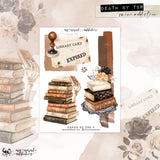 A styled flat-lay graphic featuring vintage-themed paper designs with old books, a stamp, and library cards. The central paper contains the text 'LIBRARY CARD' and 'EXPIRED' in a distressed font.