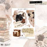 A vintage-style illustrated sticker sheet design. The sticker sheet features retro text elements including 'EXPIRED,' 'LIBRARY CARD,' 'MEMBERSHIP CARD,' and 'my newest addiction.