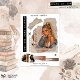 A styled flat-lay product mockup featuring a central scrapbook sticker design with an illustrated woman, torn paper elements, vintage book stacks, and decorative floral accents. Text on the design reads 'DEATH BY TBR', 'mini addiction', and 'JUST ONE MORE CHAPTER'.
