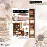 A styled mockup of a printed sticker bookish design sheet titled 'DEATH BY TBR' by my newest addiction. The central white sheet features vintage illustrations of a bookshelf, an armchair, a pocket watch, alongside a washi strip of book spines.