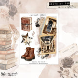 A styled flat-lay graphic featuring a central white card with vintage-themed illustrations, including a leather-bound book, boots, a star, and library card elements. The card is surrounded by decorative props such as stacked books, a skeleton hand, and watercolor flowers.