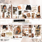 A collage of multiple decorative paper/card designs with vintage aesthetics, including books, letters, portraits, clothing, and autumn-themed illustrations. The layout includes text such as 'DEATH BY TBR'
