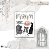 A product mockup for a 'vampires kiss sticker set by My Sweet Addiction. The central white sticker sheet displays watercolor illustrations of vampire lips with fangs, a black cat, a dark gray armchair, a black bow, and a quote.