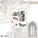 A sheet of watercolor-style mini illustrations featuring a skull on stacked books, a staircase scene, an umbrella, a teardrop, a hand with a ring, and a moth. 