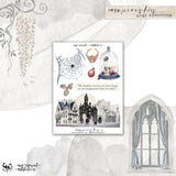 A sticker sheet featuring gothic-themed illustrations, including a spiderweb, spider, skull under a glass dome,  blood drop, castle, and a quote