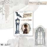 A sheet of stickers from My Newest Addiction featuring gothic and vampire themes, including a bat, a tall grandfather clock, a dagger, a portrait of a woman in a floral dress, and the word 'vampire.' 
