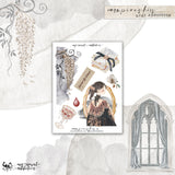 A sheet of watercolor-style mini stickers rom Vampire Kiss Mini Addiction, featuring an illustration of a girl in a dark dress, books tied with a ribbon, a blood drop, and decorative floral elements,