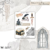 A sheet of vampire-themed stickers from My Newest Addiction, featuring illustrations of a hand, dagger, candles, book, and lace. 