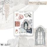 A sheet of mini vampire-themed stickers from My Newest Addiction, featuring illustrations of vampire fangs, a book, a piano, and a gothic window,