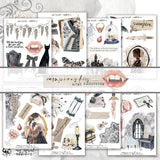 gothic and vampire-themed illustrations, including lips with fangs, a black cat, a cloche, a staircase, a skull, a lantern, and architectural details. The cards are arranged in two rows on a light gray background with decorative script 