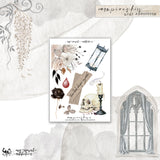 A sheet of stickers from the mini addiction called Vampire Kiss, featuring gothic illustrations of a skull, lantern, rose, leaves, and a candle. 